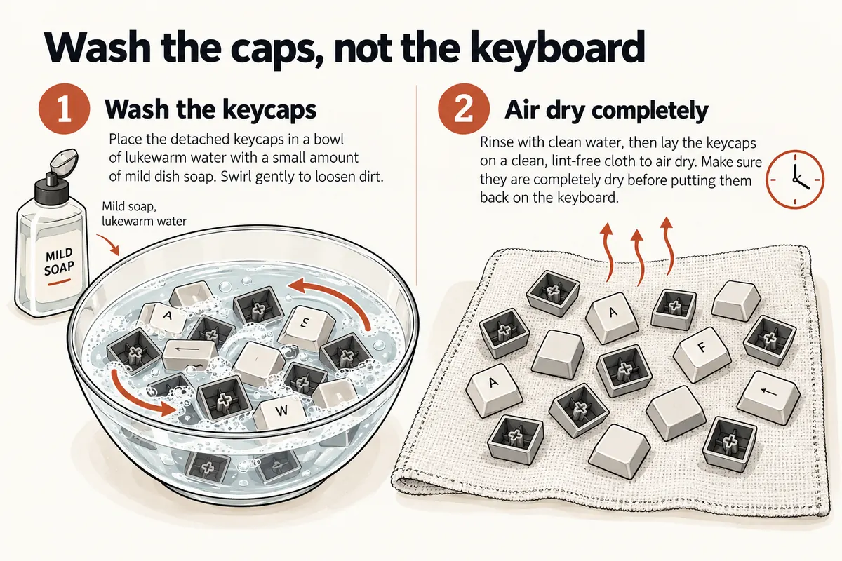 Two-panel diagram showing detached keycaps being washed in a bowl and then left to air dry on a cloth.