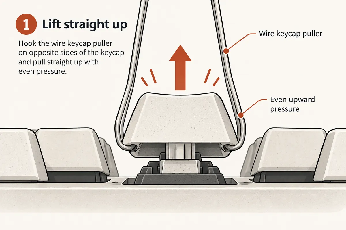Side-view diagram showing a wire puller lifting a mechanical keycap straight up from its switch, with a vertical arrow.