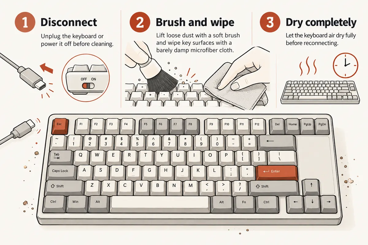 Illustrated mechanical keyboard with three cleaning rules: disconnect, lift loose dirt and dry completely.